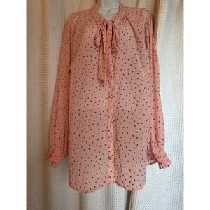 Torrid Pink Red Polka Dot Bow Front Blouse Size 2 Chiffon Button Up